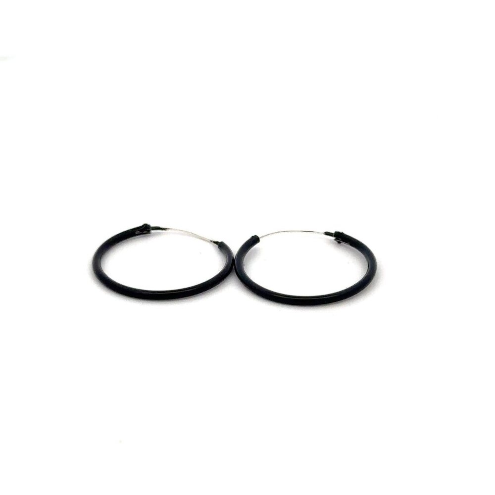 925 Sterling Silver Hoops Black Enamel Earrings - Picture 4 of 5